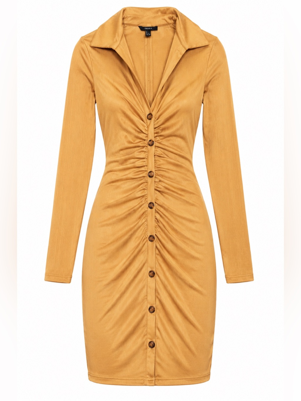 TAN FOREVER 21 LONG SLEEVE RUNCHED BUTTON DOWN MINI DRESS